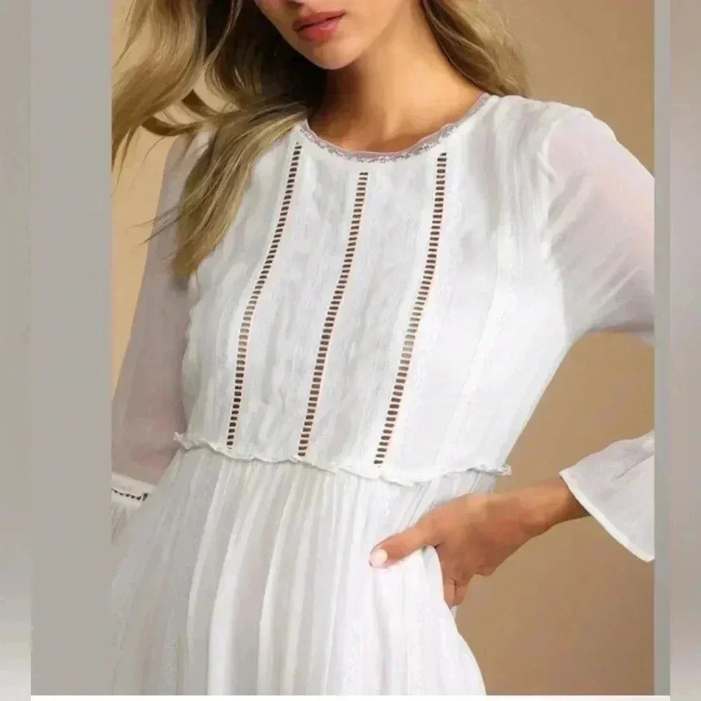 Lulus In the Meadows White Crochet Lace Babydoll Embroidered Trim Dress XS - Picture 2 of 14
